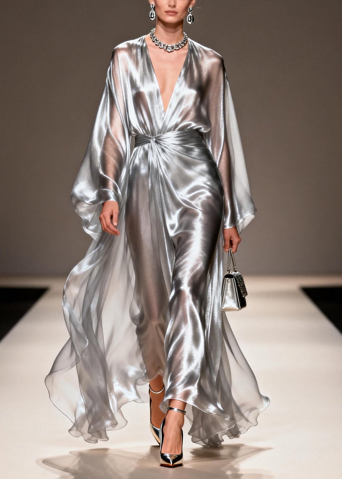 Satin Deep V-Neck Twisted Waist Metallic Cape Sleeve Maxi Gown - View 3