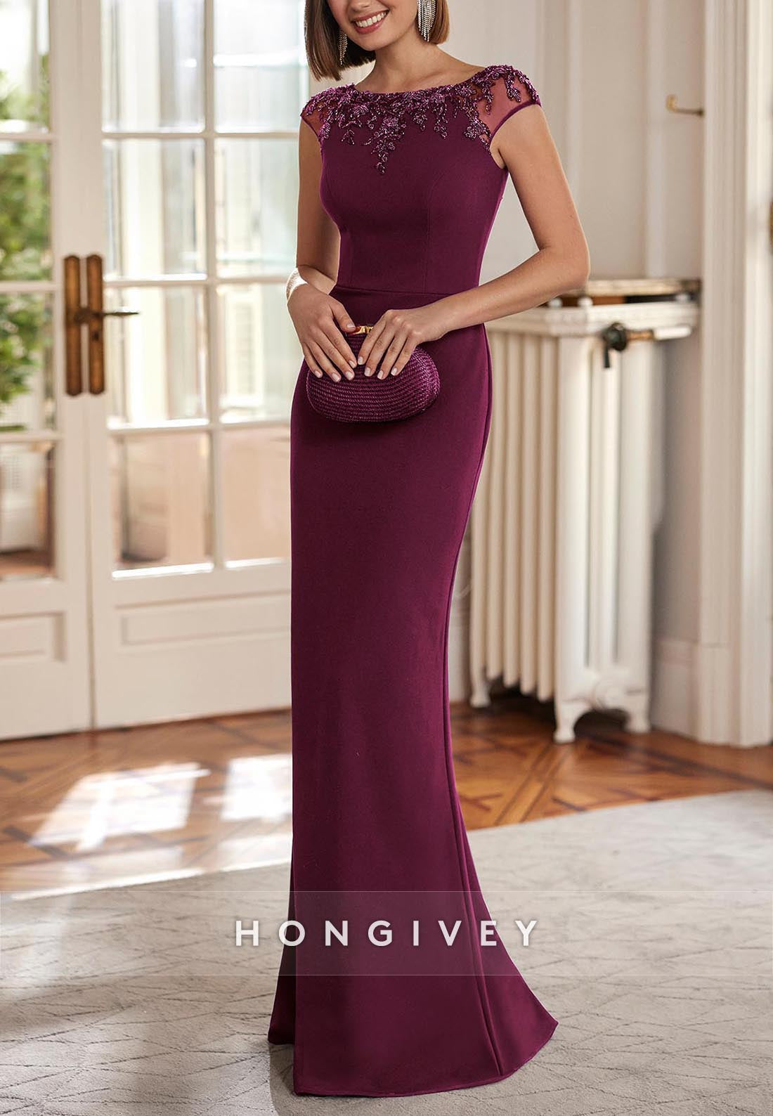 Simple Sheath Floor-Length Cap Sleeves Stretch Crepe Beadwork Evening Gown