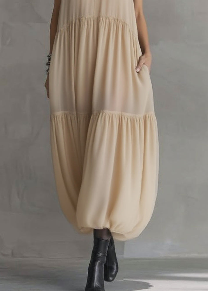 Simple Apricot Peter Pan Collar Wrinkled Solid Chiffon Maxi Dresses Summer - View 4