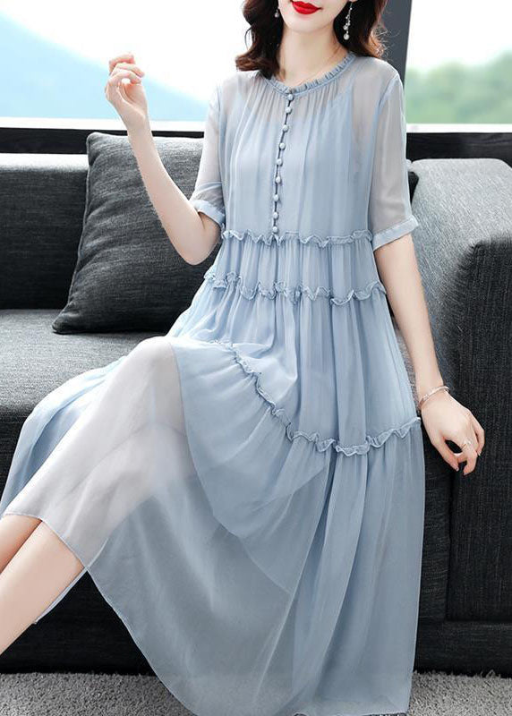 Chiffon Round Neck Button Front Tiered Ruffle Midi Dress