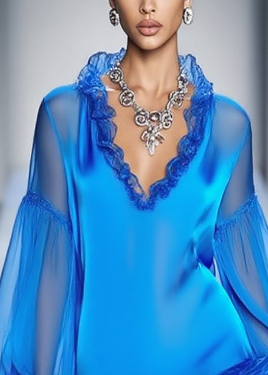 Simple Blue Ruffled Patchwork Chiffon Mini Dress Spring - View 2