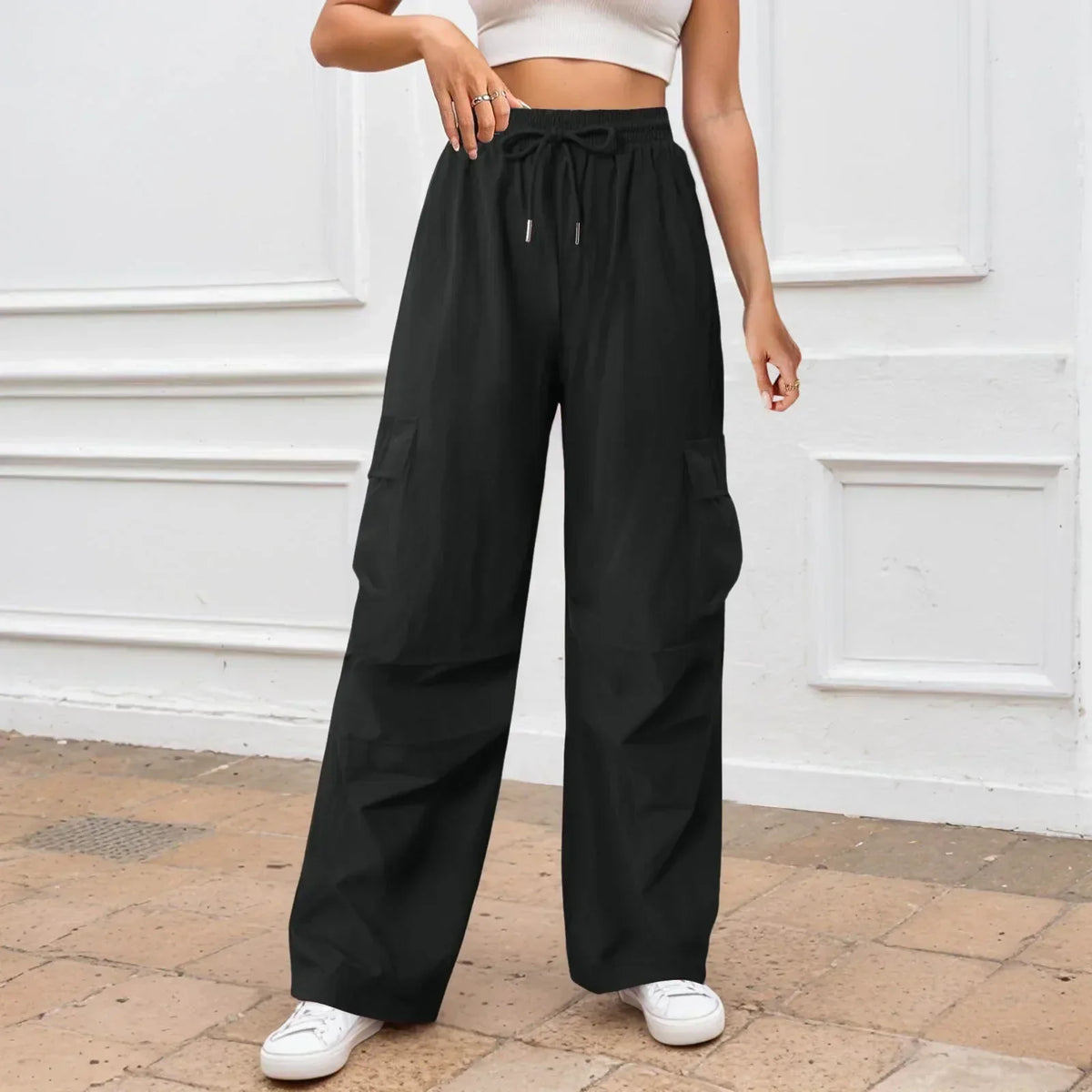 Casual Solid Color Wide Leg Pants Black / S