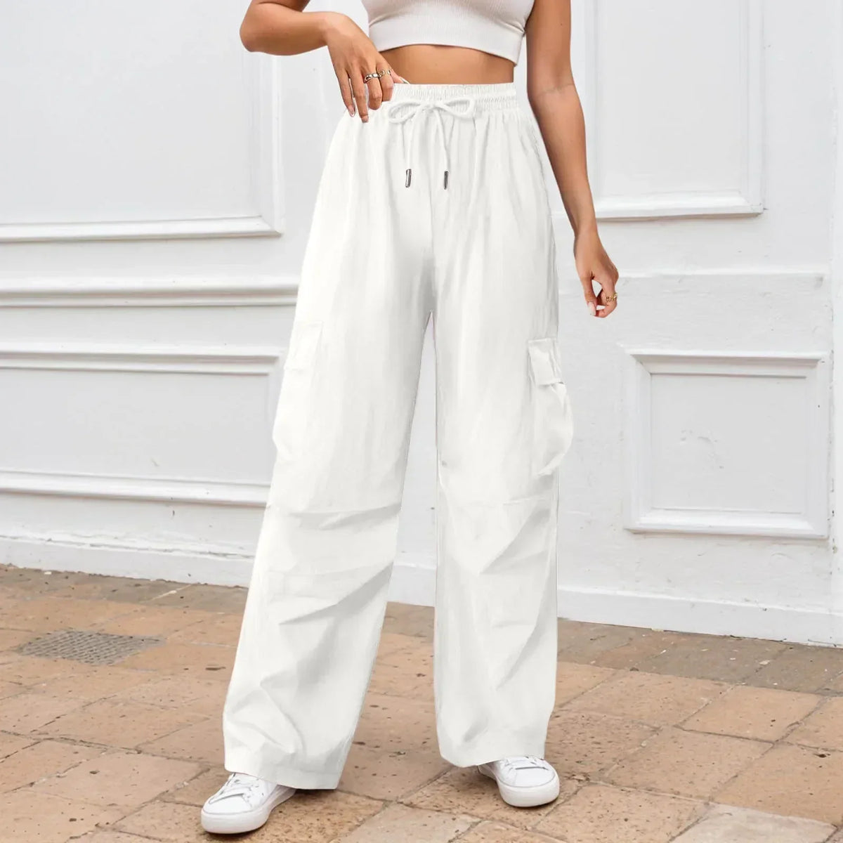 Casual Solid Color Wide Leg Pants White / S