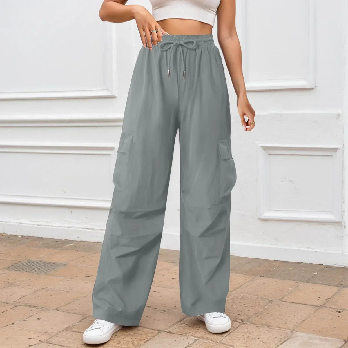 Casual Solid Color Wide Leg Pants Grey / S