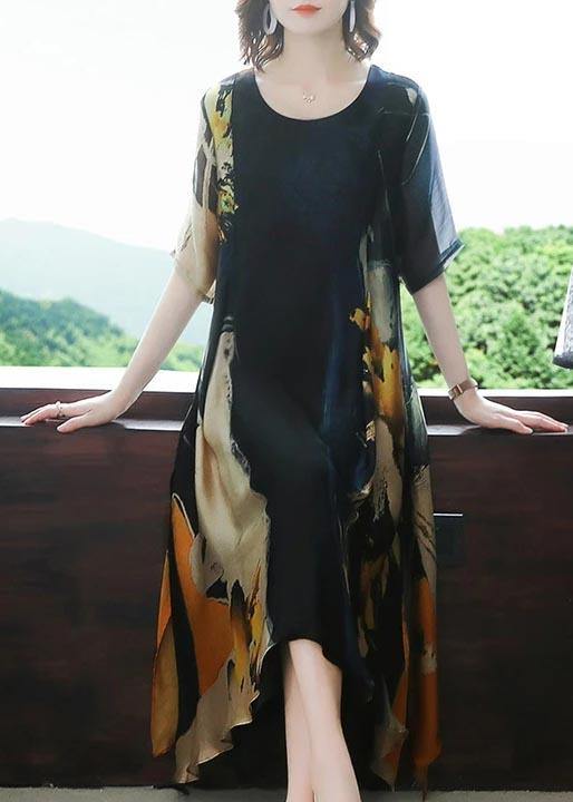Abstract Brushstroke Print Round Neck Short Sleeve Midi Dress