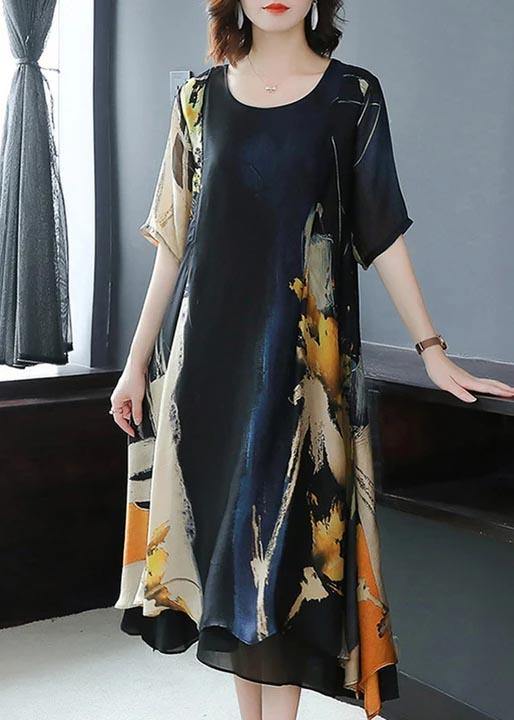 Abstract Brushstroke Print Round Neck Short Sleeve Midi Dress - View 4
