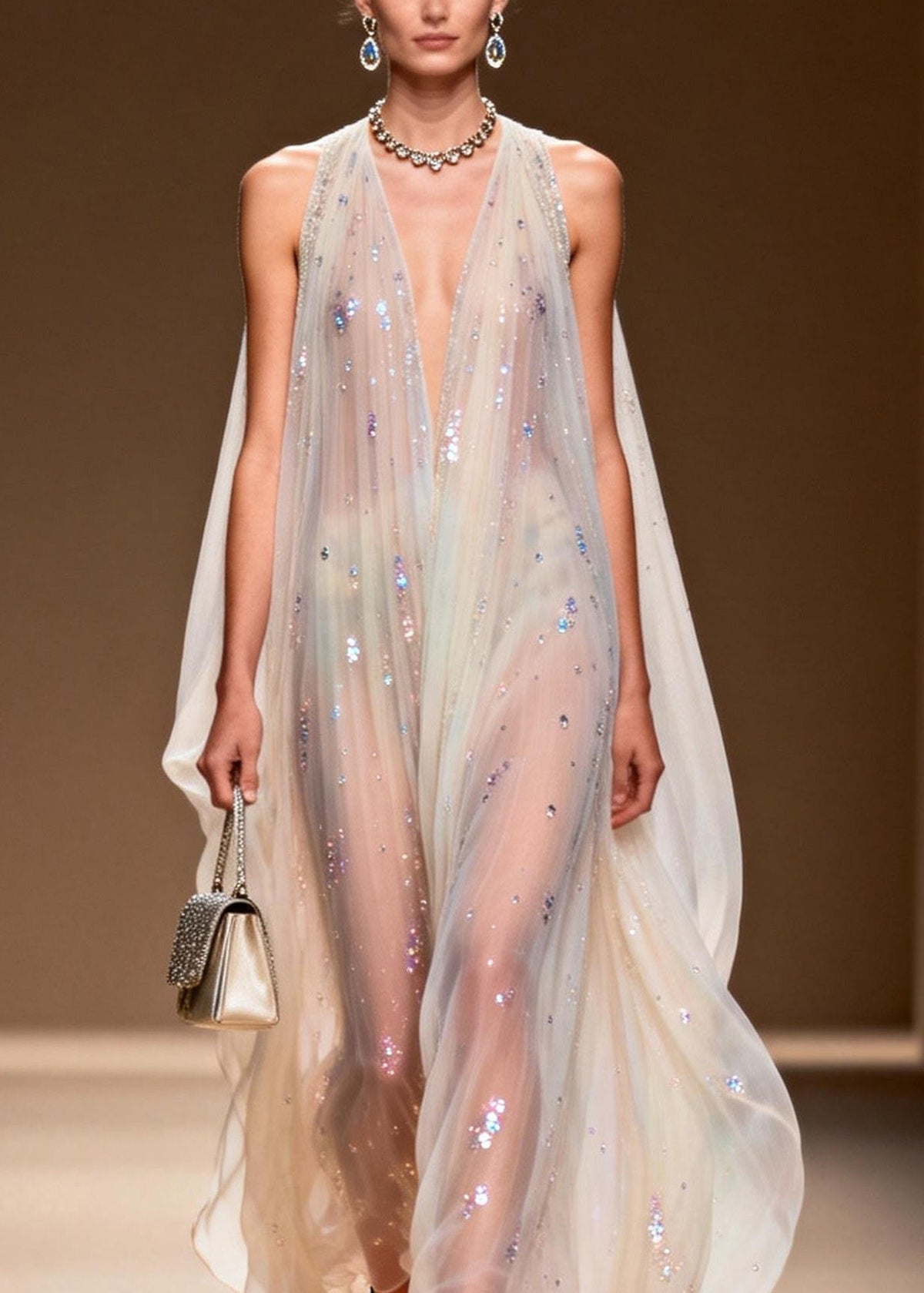 Sequin Scatter Halter Deep V-Neck Pleated Cape Sheer Maxi Gown - View 2