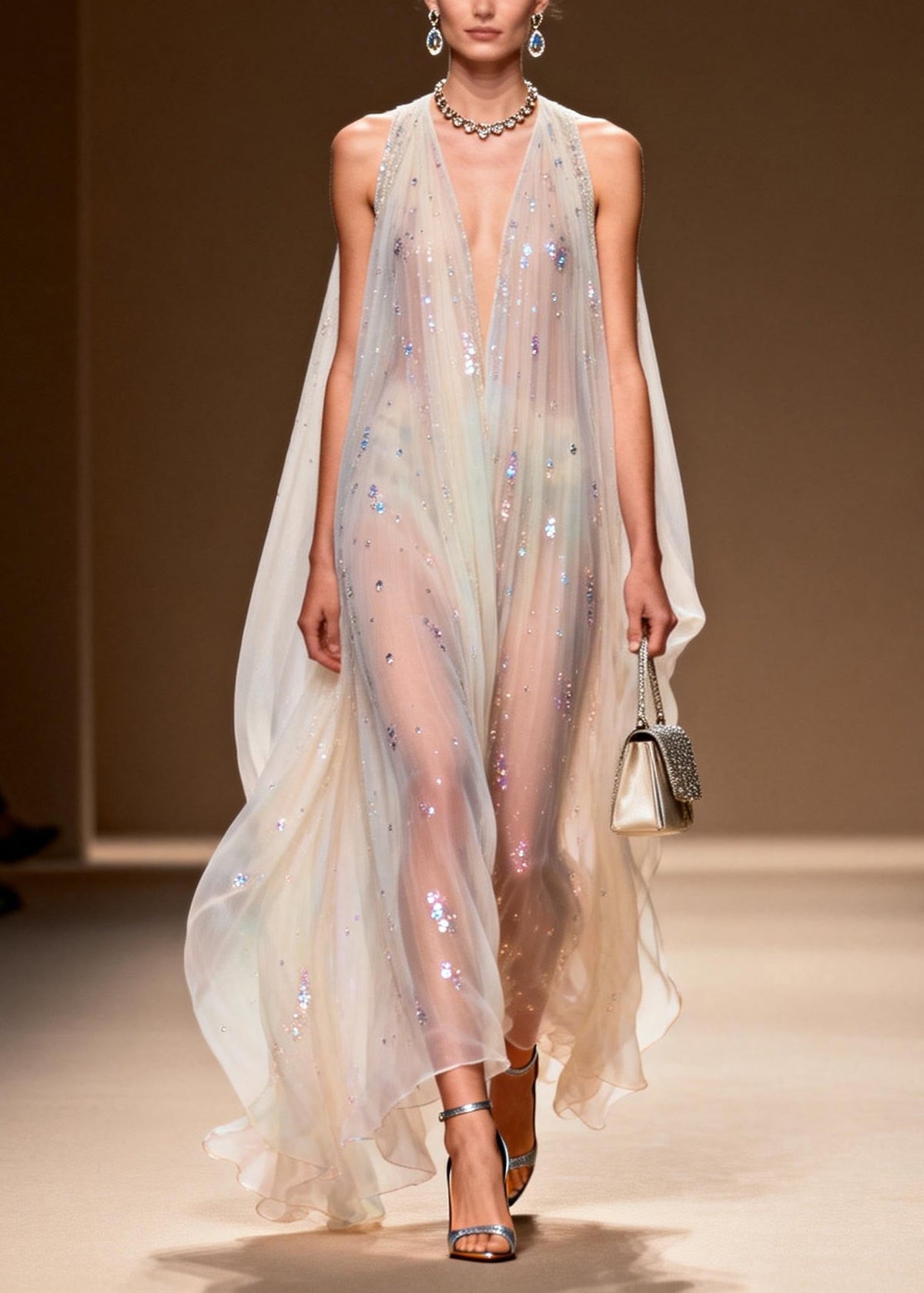 Sequin Scatter Halter Deep V-Neck Pleated Cape Sheer Maxi Gown - View 3