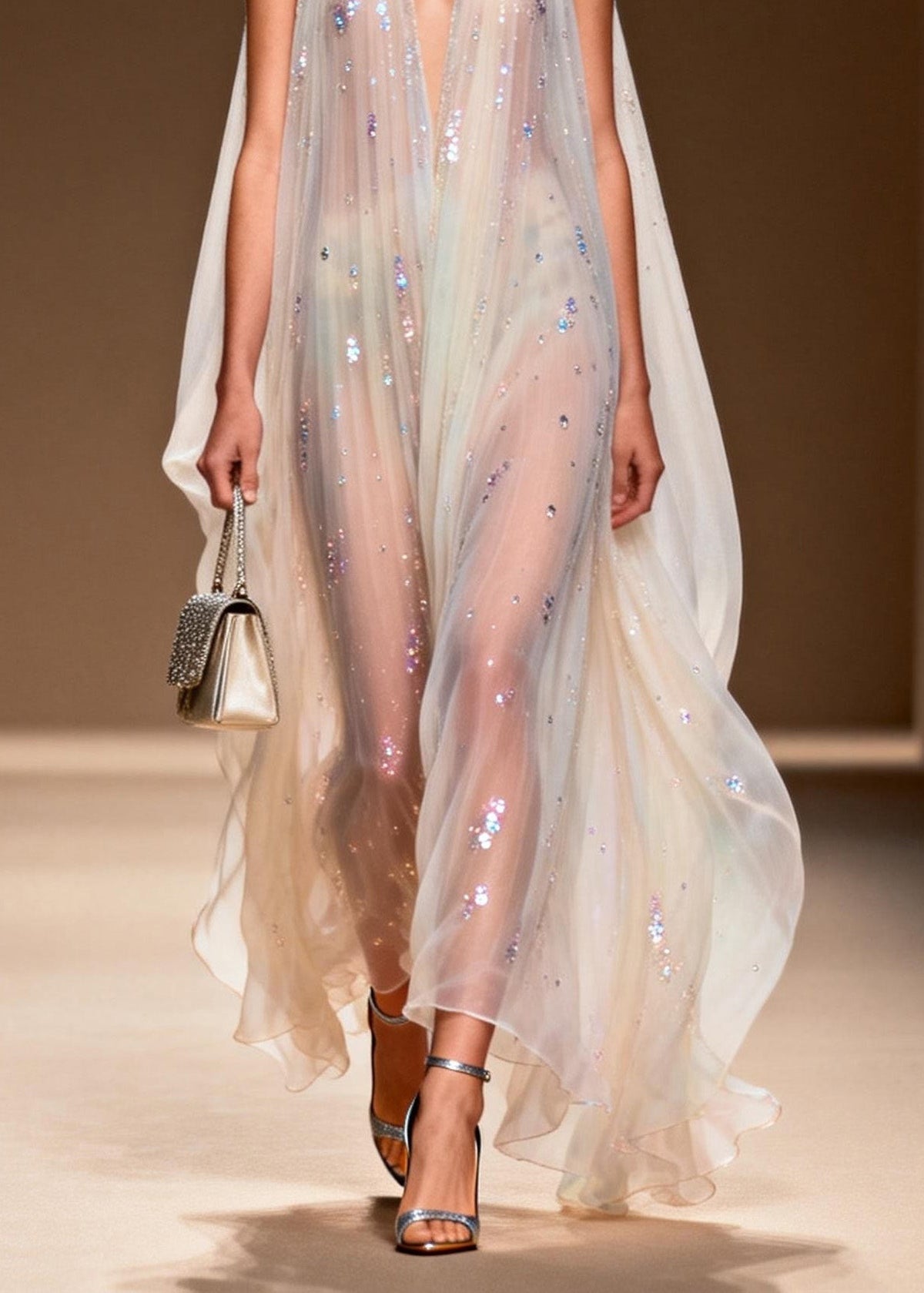 Sequin Scatter Halter Deep V-Neck Pleated Cape Sheer Maxi Gown - View 4