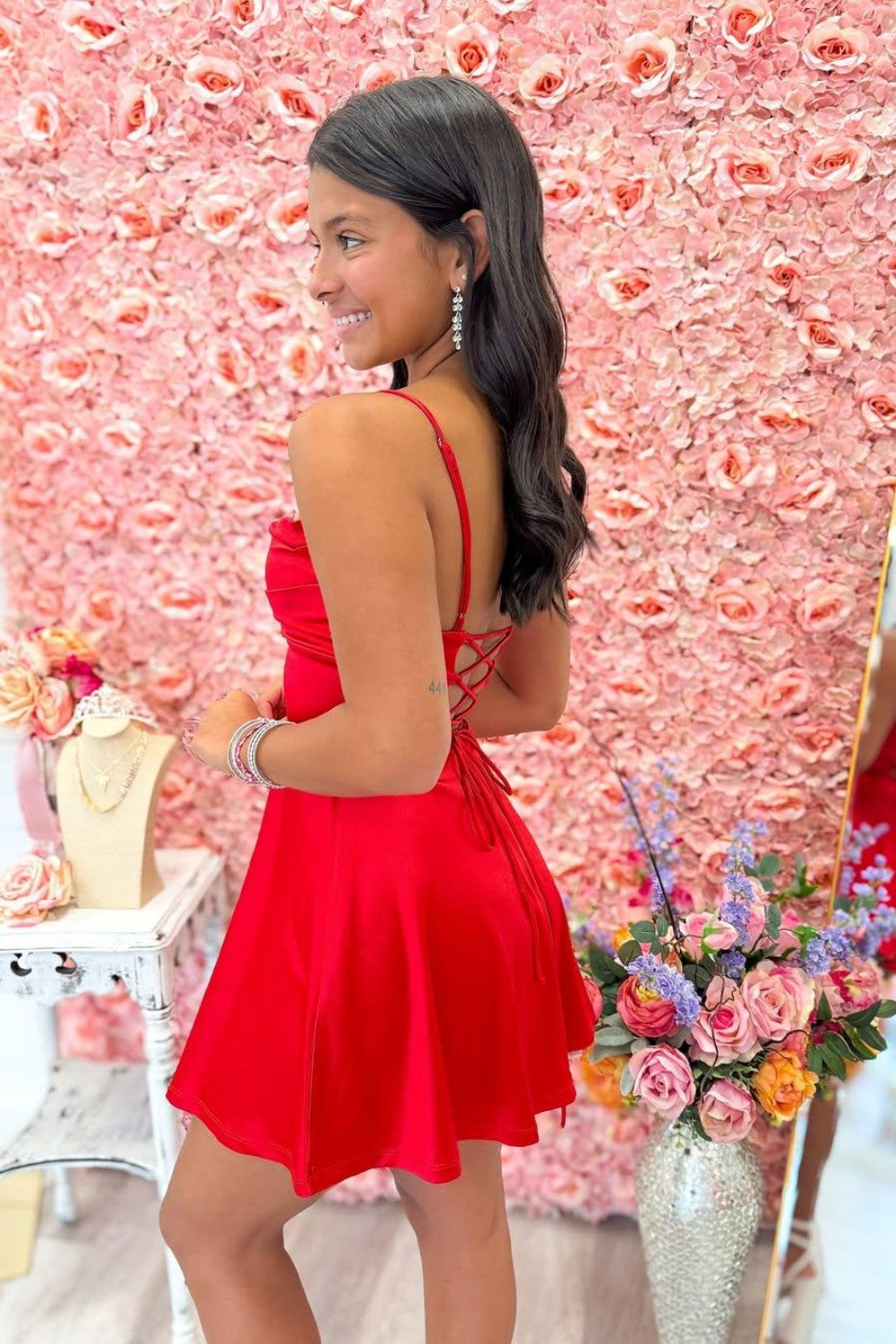 Simple A Line Spaghetti Straps Red Short Homecoming Dress with Criss Cross Back