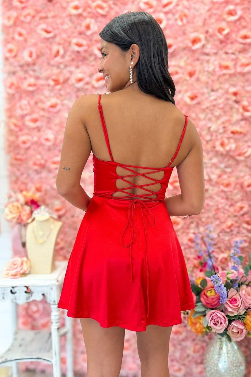 Simple A Line Spaghetti Straps Red Short Homecoming Dress with Criss Cross Back