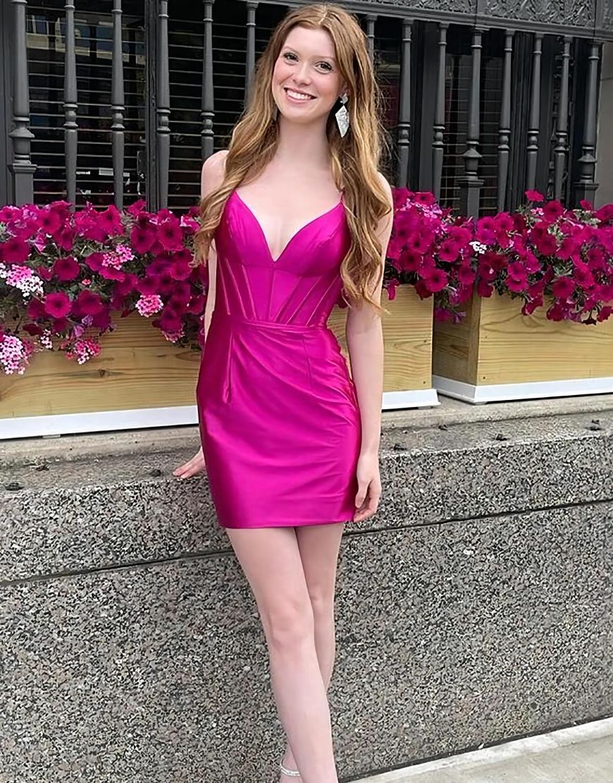 Simple Green V-Neck Short Satin Homecoming Dress - Fashionpara