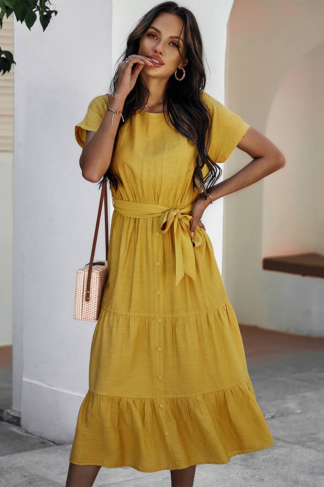 Simple Solid Color Cotton Short Sleeve A-Line Dress