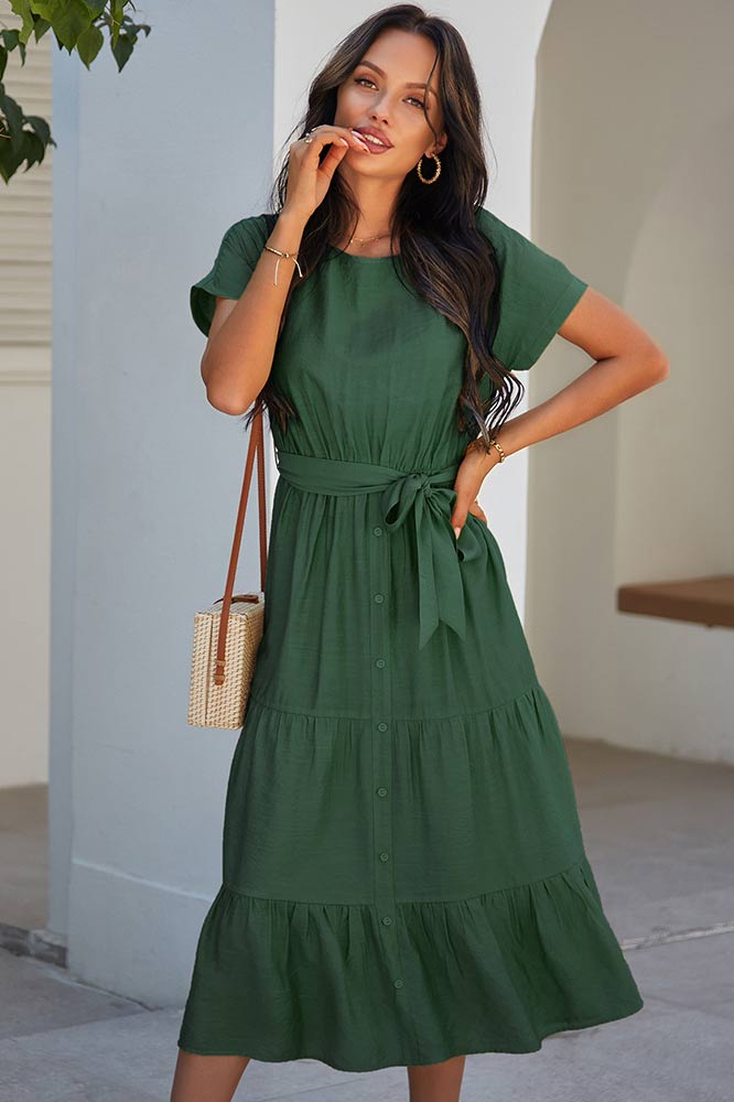 Simple Solid Color Cotton Short Sleeve A-Line Dress