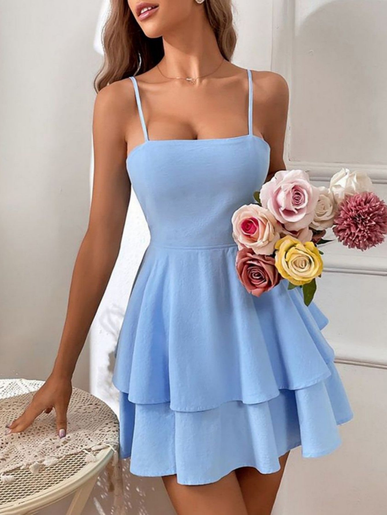 Blue Cotton Backless Sweet Short Graduation Dress - Fashionpara