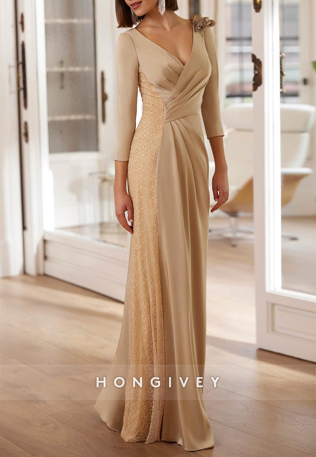 Column Floor-Length V Neck Mother of the Bride 3/4 Sleeve Pleated Shoulder Flower Evening Gow