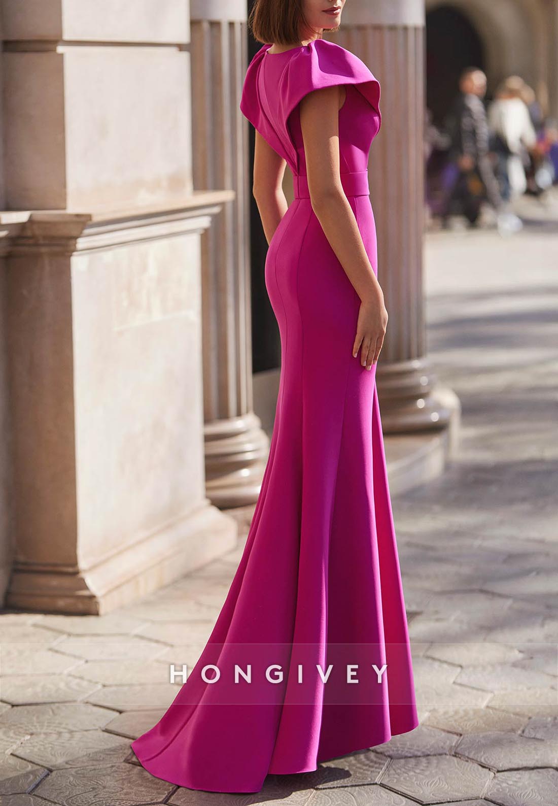 Mother of the Bride Trumpet Floor-Length V Neck Satin Cap Sleeves Waistband Evening Gown
