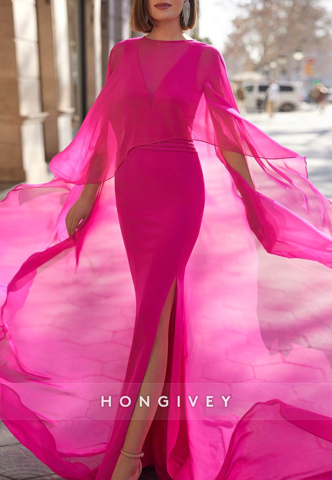 V-neck Keyhole Back Side Slit Cape Two-Piece Crepe Guest Dress