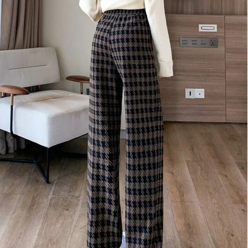 Plaid Drawstring Casual Wide Leg Pants
