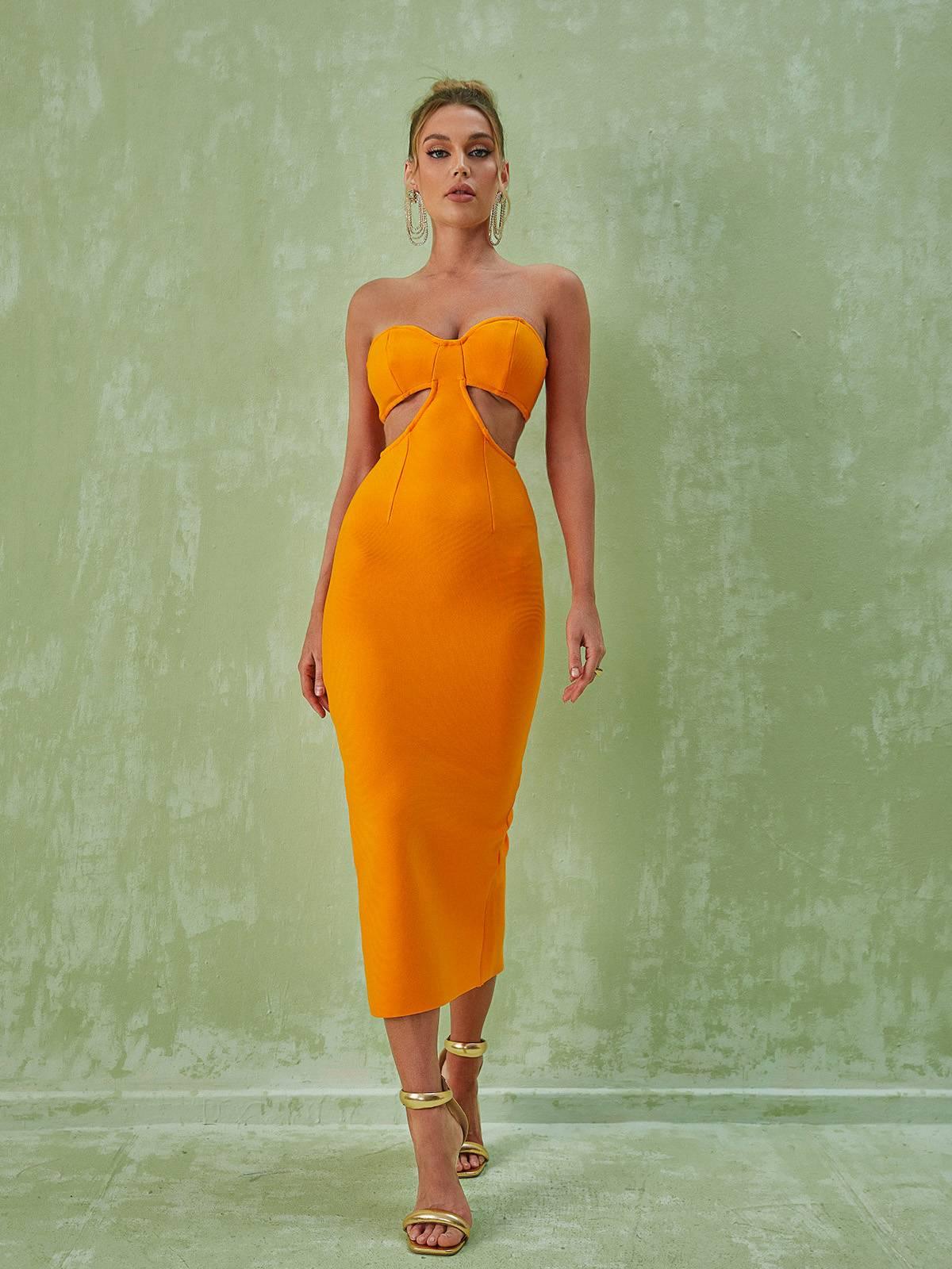Strapless Sweetheart Cut Out Bandage Bodycon Midi Dress