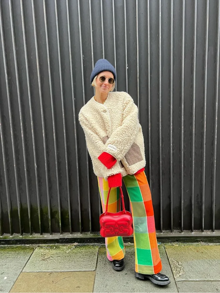 Single Breasted O-neck Long Sleeved Color-blocked Checkered Pocket Coats - Fashionpara