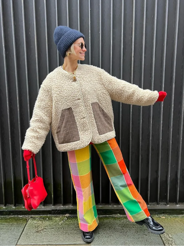 Single Breasted O-neck Long Sleeved Color-blocked Checkered Pocket Coats - Fashionpara