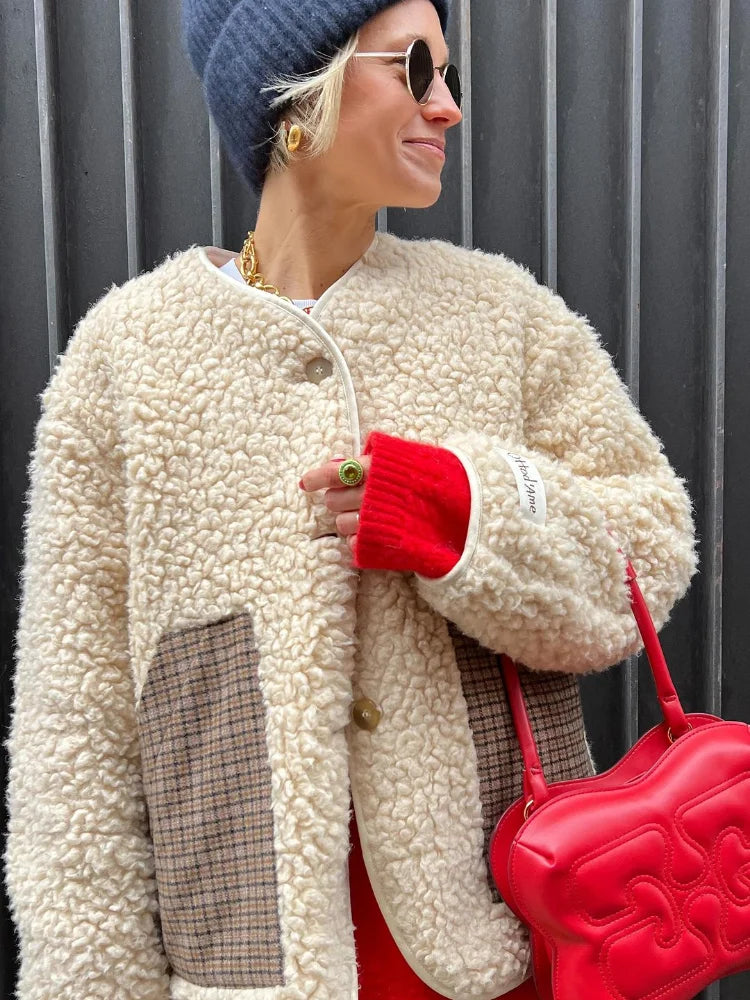 Single Breasted O-neck Long Sleeved Color-blocked Checkered Pocket Coats - Fashionpara