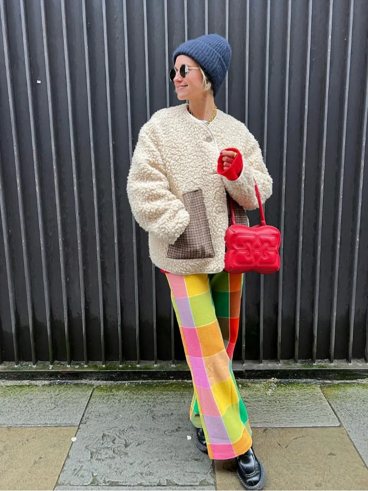 Single Breasted O-neck Long Sleeved Color-blocked Checkered Pocket Coats - Fashionpara