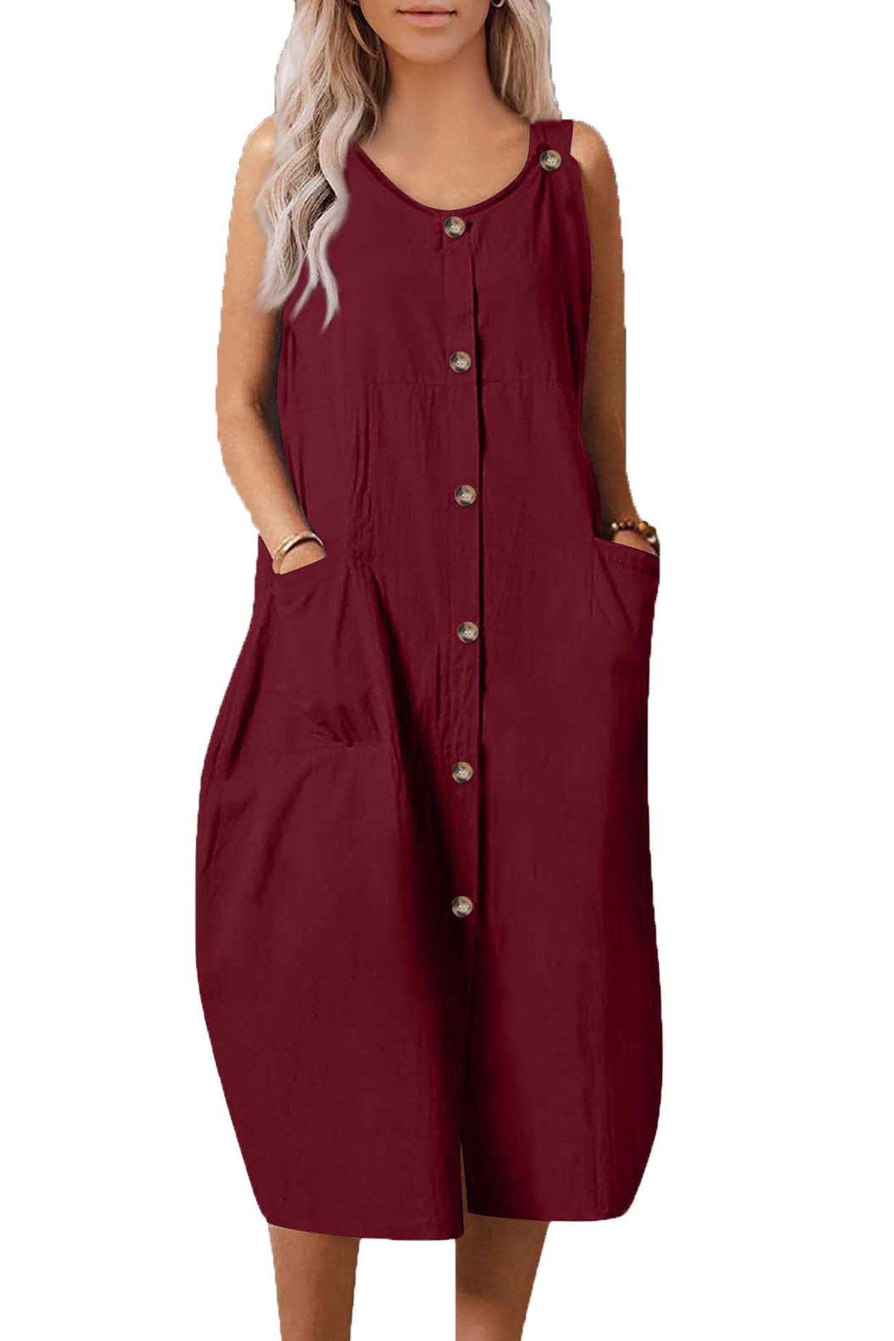 Single-breasted Pocketed Cotton Sundress - Fashionpara