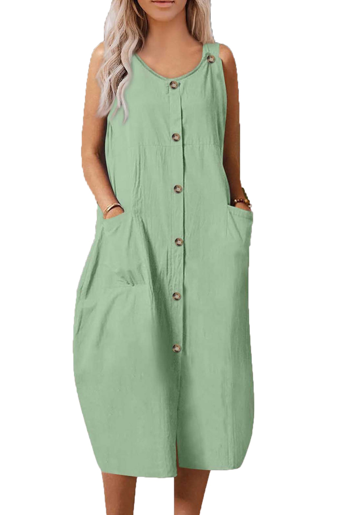 Single-breasted Pocketed Cotton Sundress - Fashionpara