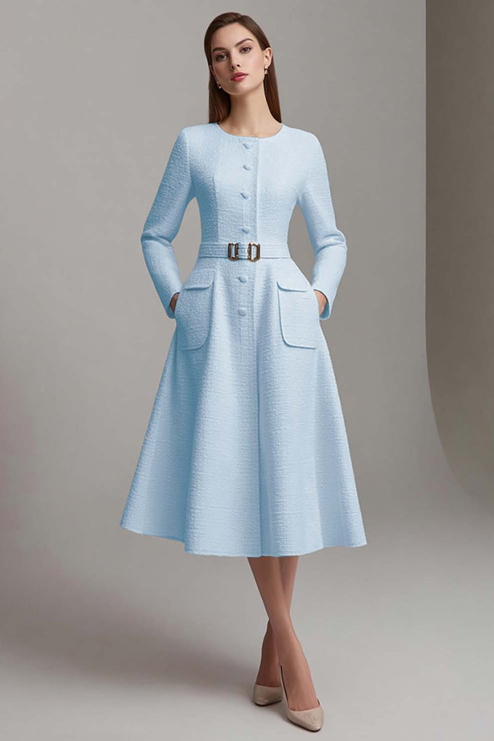 Ivory Tweed A Line Boat Neck Midi Homecoming Outfits with Belts