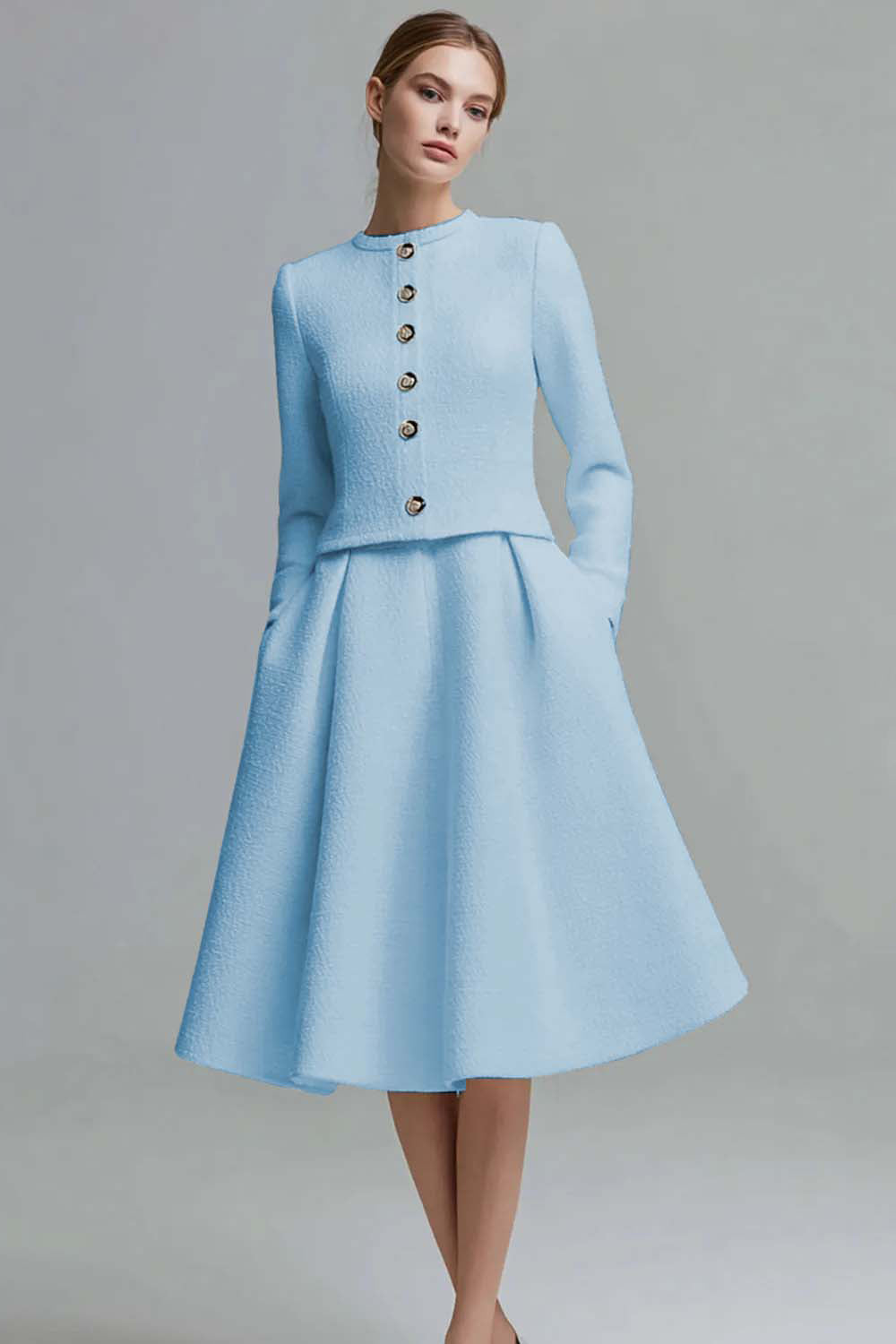 Ivory Tweed 2 Piece Midi Homecoming Outfits with Pockets