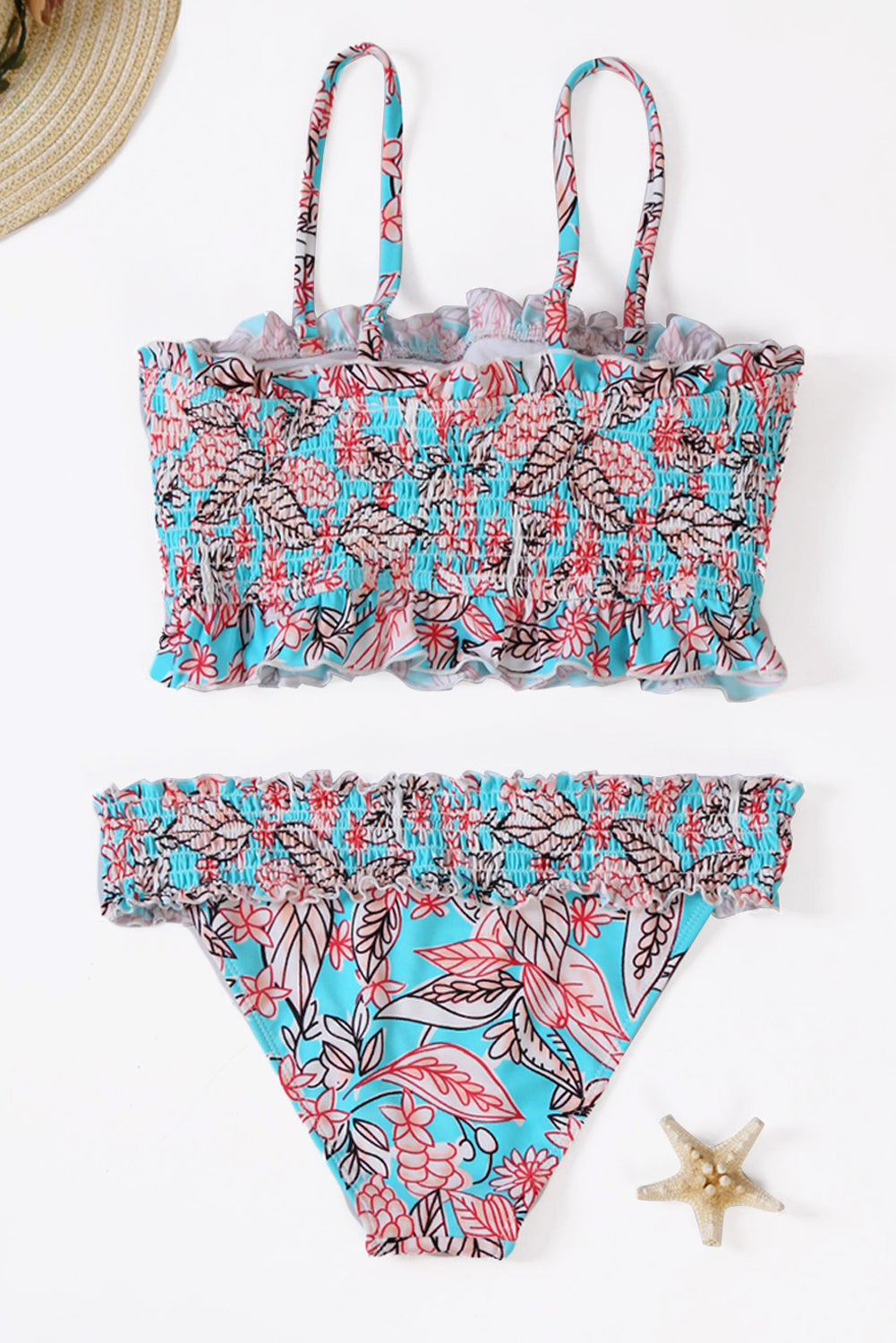 Sky Blue Cute Floral Patterned Smocked Bikini Set
