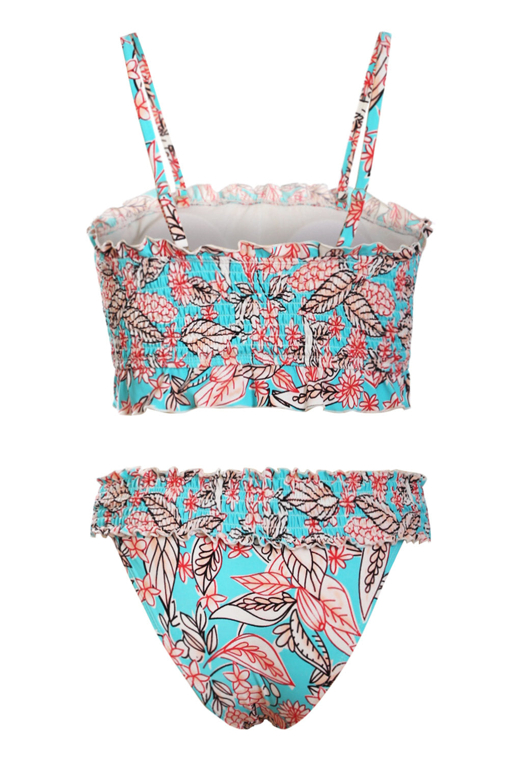 Sky Blue Cute Floral Patterned Smocked Bikini Set