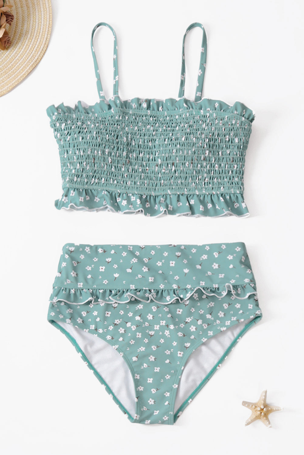 Sky Blue Floral Print Bandeau Smocked High Waist Bikini Set