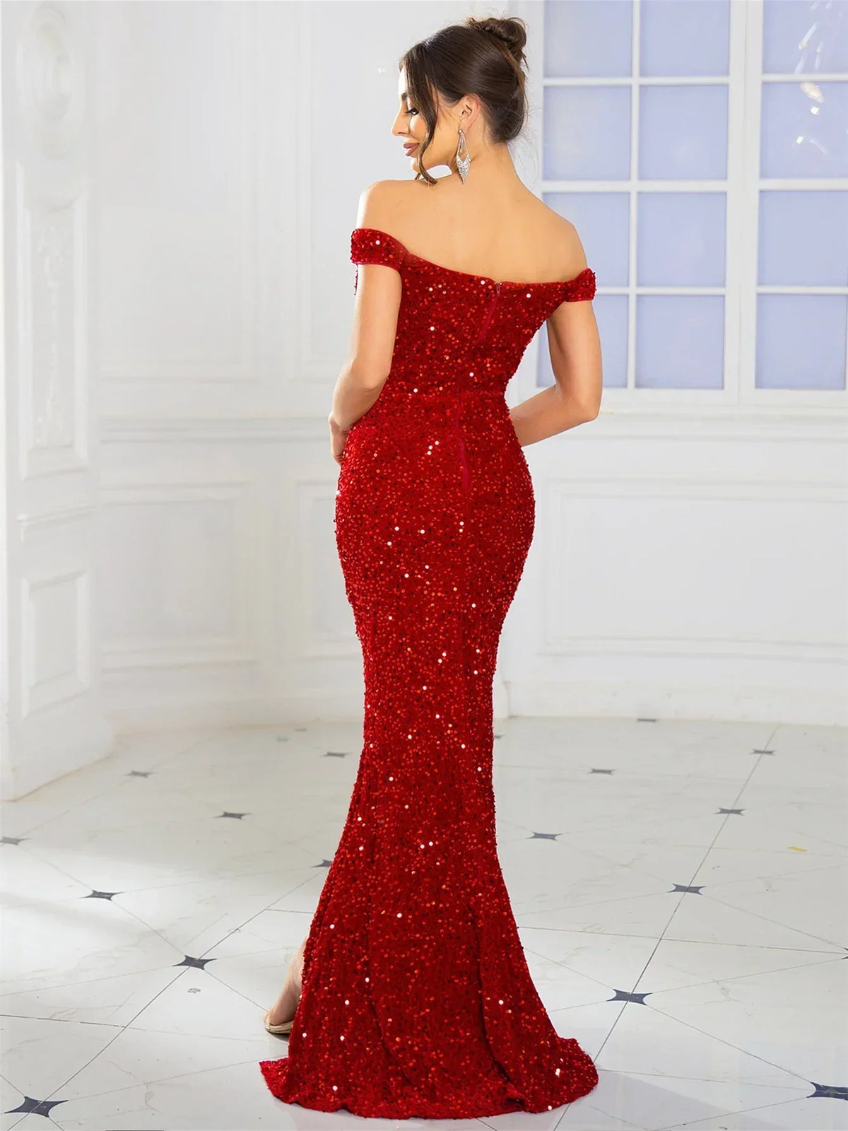 Sequin Off Shoulder Sweetheart Split Mermaid Gown