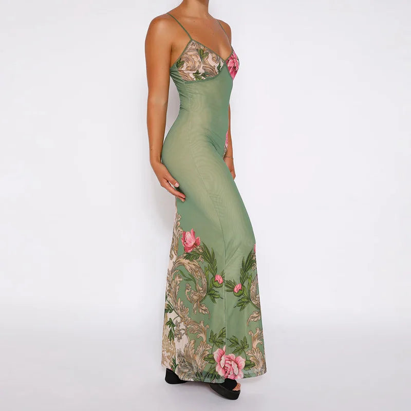 Floral V-neck Slim Maxi Floral Dress