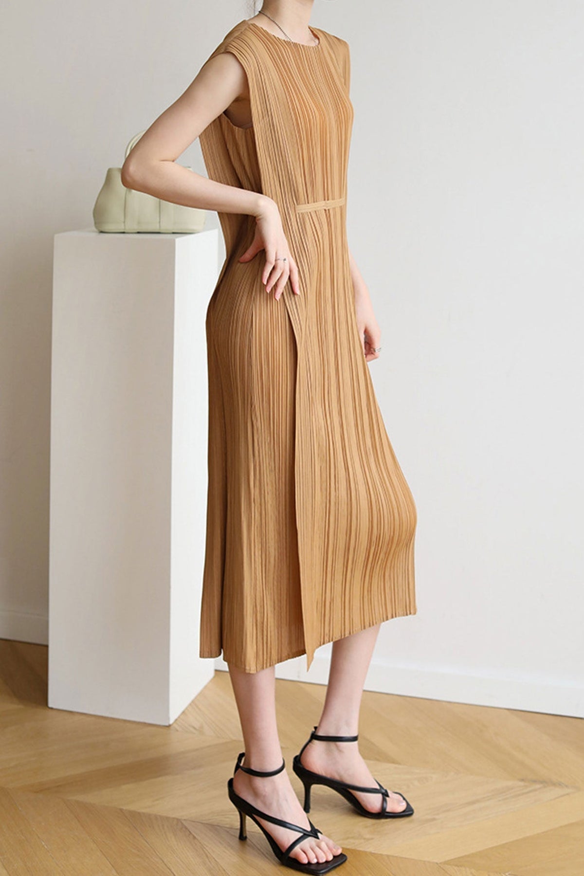 Pleated Sleeveless Side-Slit Column Midi Dress