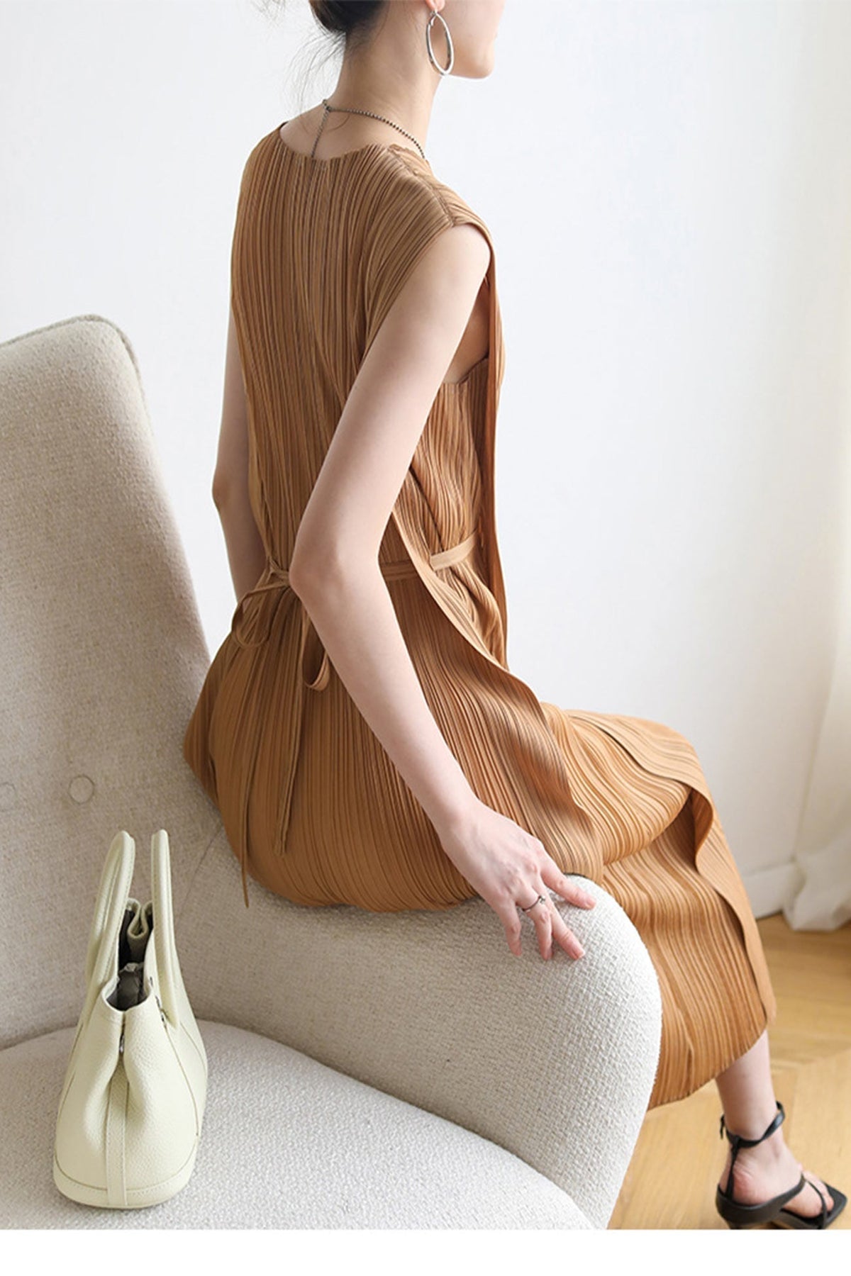 Pleated Sleeveless Side-Slit Column Midi Dress