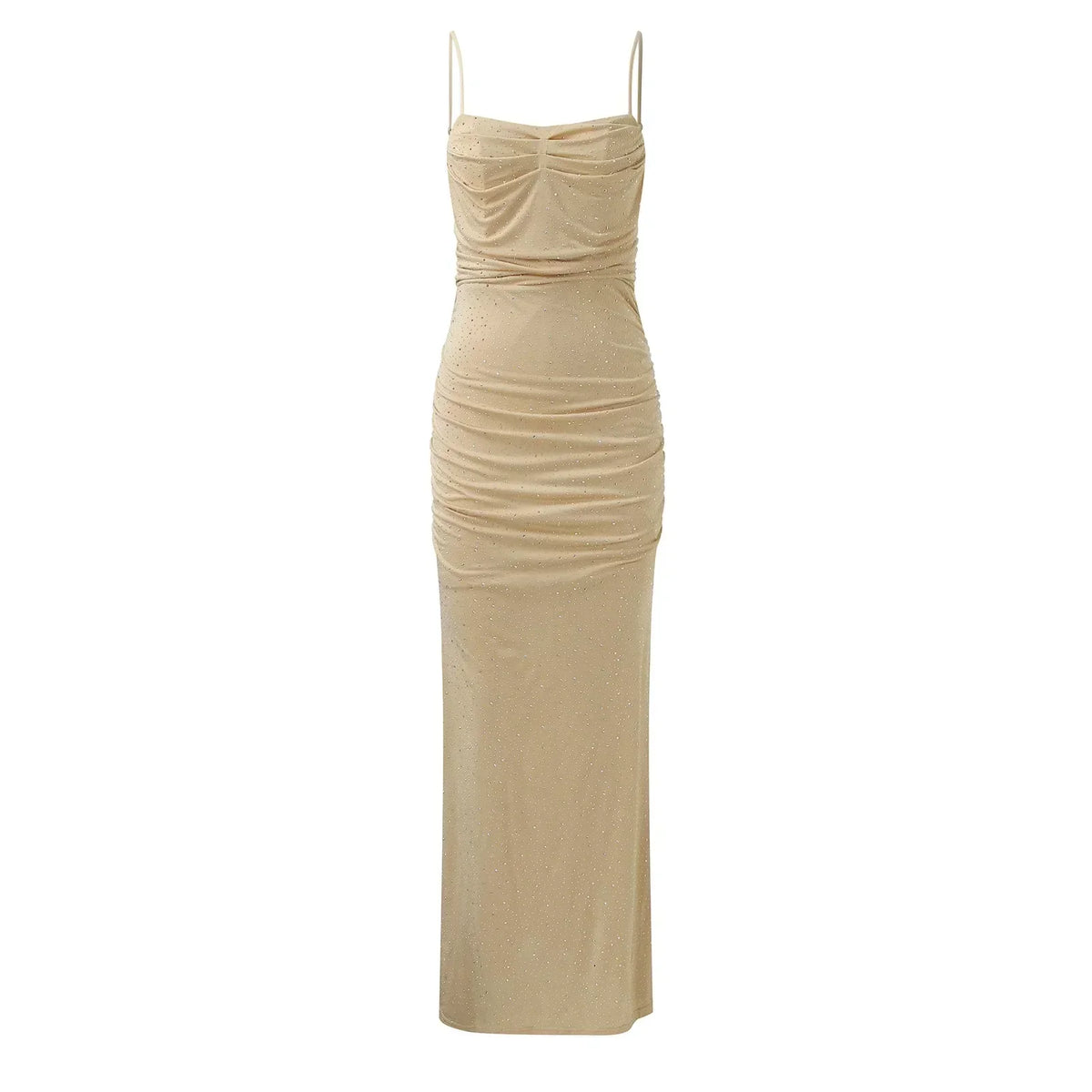 Spaghetti Strap Ruched Rhinestone Mermaid Maxi Gown