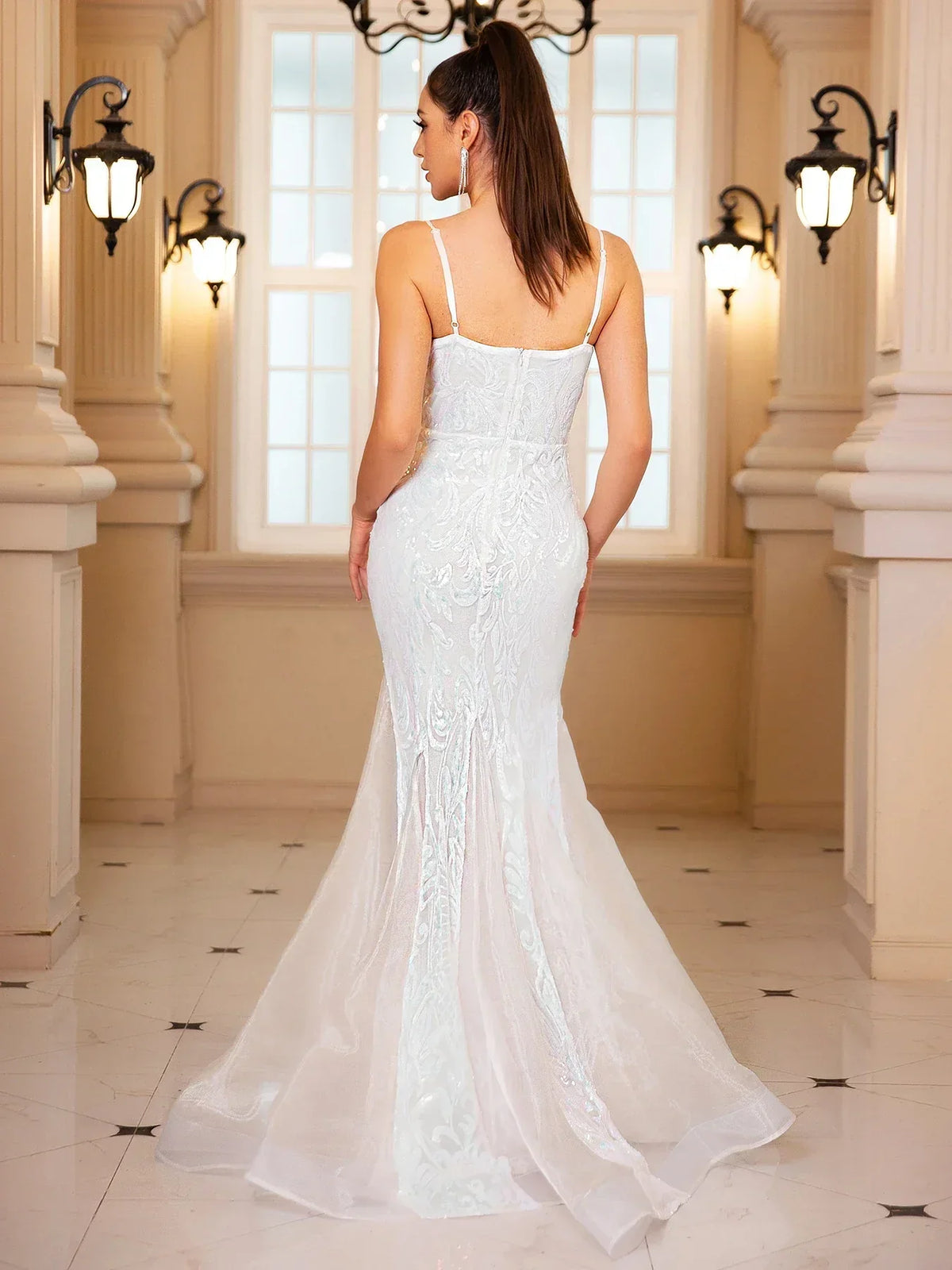 Sequin Embroidered V-Neck Strappy Mermaid Gown 2