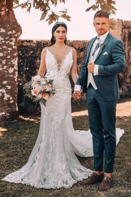 Unique Sleeveless V-Neck Tulle Floor-Length Wedding Dress Lace - Fashionpara