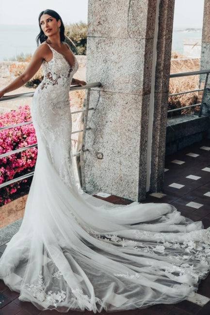 Unique Sleeveless V-Neck Tulle Floor-Length Wedding Dress Lace - Fashionpara