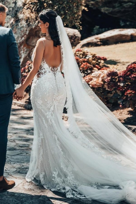 Unique Sleeveless V-Neck Tulle Floor-Length Wedding Dress Lace - Fashionpara