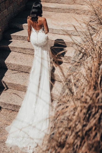 Unique Sleeveless V-Neck Tulle Floor-Length Wedding Dress Lace - Fashionpara