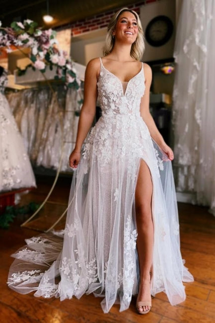 Sexy A-Line Sleeveless V-neck Straps Split Court Train Wedding Dress - Fashionpara