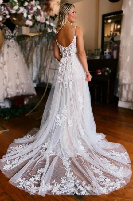 Sexy A-Line Sleeveless V-neck Straps Split Court Train Wedding Dress - Fashionpara