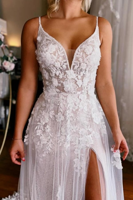 Sexy A-Line Sleeveless V-neck Straps Split Court Train Wedding Dress - Fashionpara