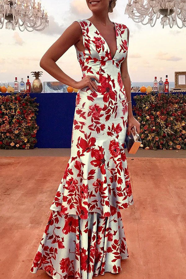 Sleeveless V-neck Print Ruffled Dress - Mislish