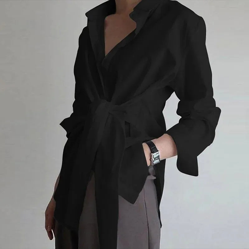 Slim Button Ruched Lace-Up Blouse